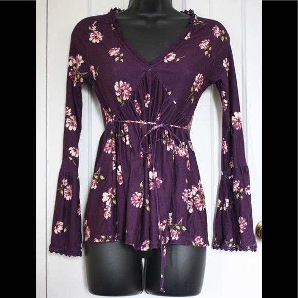 No Boundaries Tops - Purple Floral Flared Blouse